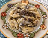 A picture of step 4 of Garganelli with Béchamel and Sausage.