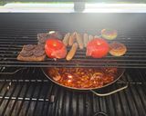 Füstben sült bbq angol reggeli (English breakfast): sült paradicsom Onsen lágy tojás, sült bab, recept fázis 4 fotója