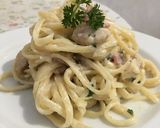 Foto langkah ke 7 dari resep Fettucini Carbonara Modif (Rebus pasta di susu!).