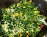 A picture of step 3 of Muli ka saag stir fried with besan (Radish greens with Gram flour).