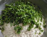 A picture of step 1 of Thepla-methi thepla -fenugreek leaves.