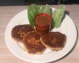 A picture of step 6 of Fish cake with Cabbage wrapper and Satay sauce.