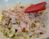 A picture of step 4 of Spaghetti with a 10-minute hot and tangy mushroom and ham sauce.