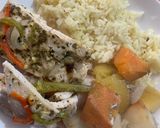 Foto del paso 4 de la receta: Bifes de pollo con papas y boniato al horno acompañado de arroz amarillo