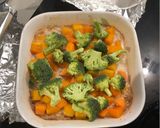 A picture of step 4 of One dish sticky rice, broccoli, squash and sweet potato with chilli and ginger dressing.