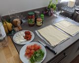 A picture of step 2 of Tricolore easy puff pastry pizzas with chorizo.