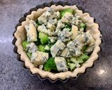 A picture of step 11 of Stilton and Broccoli flanChorizo Char-grilled red pepper flan #baking.