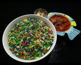 A picture of step 1 of Dammies coloured rice served with meat balls in sauce & coleslaw.