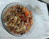 A picture of step 3 of Mutton mince masor polaw with boondi raita.