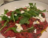 A picture of step 5 of Beetroot, goat’s cheese and rocket risotto.