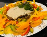 A picture of step 7 of Butter Beef Steaks serve with pepper white sauce and stir fry veggies.