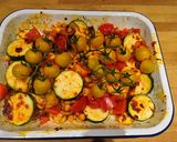 A picture of step 4 of Roasted Harrissa veggies with halloumi and chickpeas.