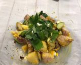 A picture of step 14 of Taro, Sweet Potato, Cucumber, and Cranberry Salad (with Egg and Fresh Basil).