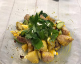 A picture of step 14 of Taro, Sweet Potato, Cucumber, and Cranberry Salad (with Egg and Fresh Basil).