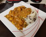 A picture of step 6 of My Chicken & Prawn Curry. With Basmati Rice and Sultanas.😁.