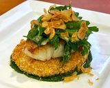 A picture of step 22 of “Fish and chips” - Mulloway with a Pallete d’All Doux and Garlic Chips.