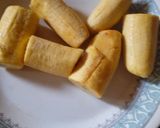 A picture of step 1 of Patacones or Tostones with minced chicken topping.