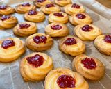A picture of step 8 of Rhubarb jam piped biscuits ❤️.