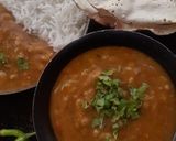 A picture of step 7 of Panchmel Dal with steamed rice.