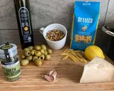 A picture of step 1 of Penne with Gordal Olive & Pistachio Pesto.
