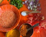A picture of step 1 of Masoor Dal Bharta with North Indian Style Chapati and Chatpata Mango Pickle.
