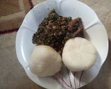 A picture of step 3 of Tuwon Rice with ugwu and water leaf soup.