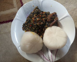 A picture of step 3 of Tuwon Rice with ugwu and water leaf soup.