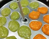 A picture of step 2 of Kutti idli in tri colour.