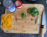 A picture of step 3 of Thai Pumpkin Chicken red curry.