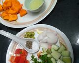 A picture of step 1 of Mango Gazpacho.
