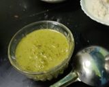 A picture of step 13 of Masala Dosa, sambar, coconut, dhania chutney.