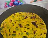 A picture of step 2 of Masala thepla with tea and raita marcha.