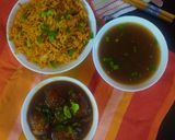A picture of step 7 of Chainese manchurian with soup and fried rice.