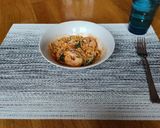 A picture of step 6 of Leftover Spaghetti with Shrimp and Vodka Sauce.