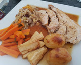 Foto del paso 19 de la receta: Pavo de Navidad con relleno de frutos secos, frutas, longaniza ibérica y cava