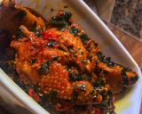 A picture of step 5 of Ettas native chicken stew with ugu leaf.