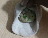 A picture of step 4 of Aaloo ka paratha(potato flat bread) with mint chutney.