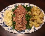 A picture of step 1 of California Farm Ham Potato Onion Chard Stirfry in mild pepper sauce.