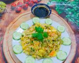 Hình bước làm 4 của món Cơm chiên cá hồi,trứng,cải chua,đậu hủ và tàu hủ ki