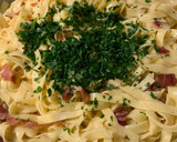 A picture of step 7 of Pasta with Bacon, Lemon and Pine Nuts.