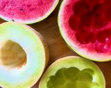 A picture of step 1 of Fruit salad with watermelon, melon, and strawberries.