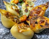 Foto del paso 10 de la receta: Conchas de pasta rellenas en tres tipos ! Cangrejo, vegetales, champiñones y tocino