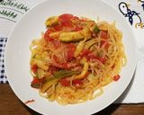 A picture of step 7 of Pasta Shirataki with zucchini sauce.