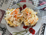 Toast with eggs and pickled veggie mix (čalamáda)