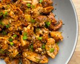 A picture of step 5 of Asian/Middle eastern inspired gochujang tahini chicken.
