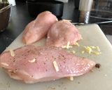 A picture of step 3 of Chicken breast stuffed with mushrooms poured mushroom sauce.