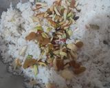 A picture of step 4 of Narali bhat (Coconut rice).