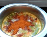 A picture of step 7 of Tamilnadu Thali - rice, sambar, mor kuzhambu, beetroot poriyal, payasam, buttermilk for lunch.