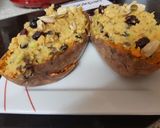 A picture of step 7 of My Chic pea, and black bean Stuffed Sweet Potato. 😁.