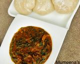A picture of step 11 of Ogbono soup with white amala.